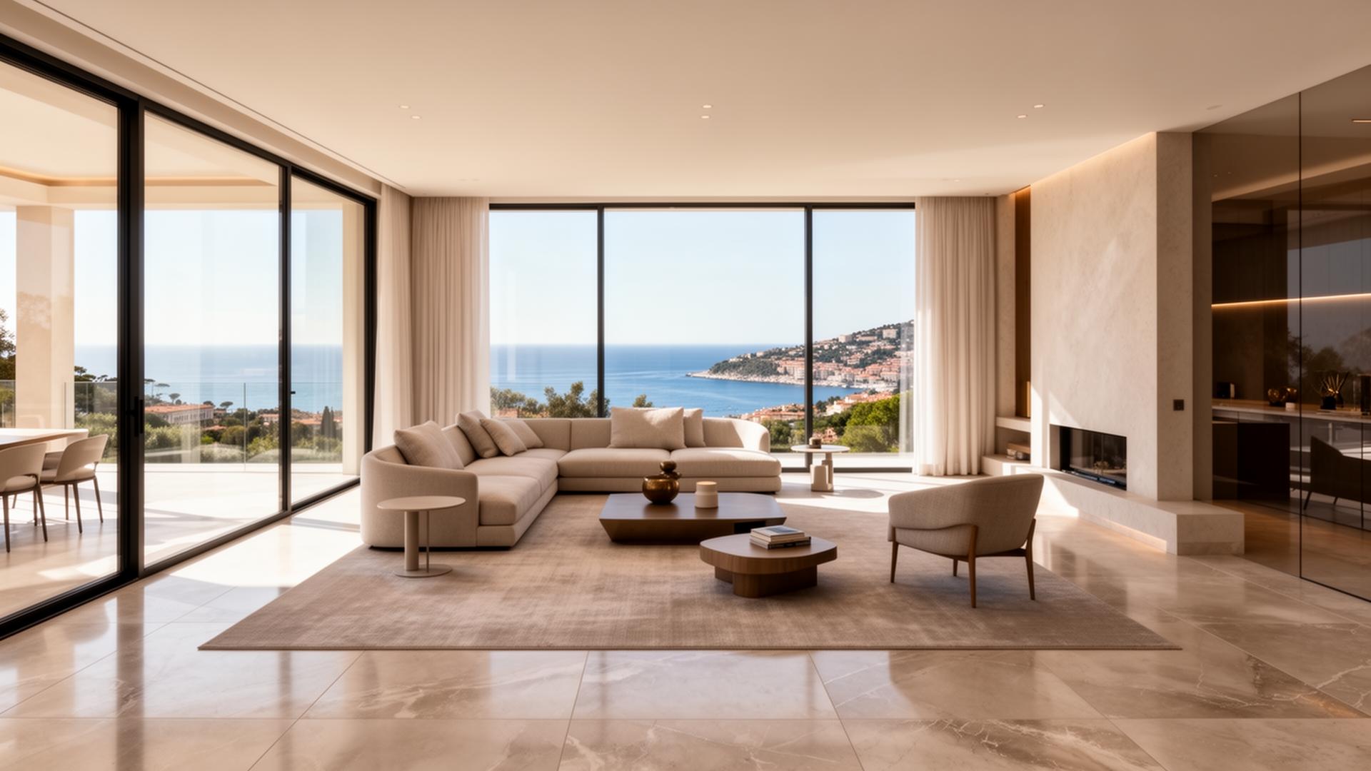 Villa rénovée Côte d'Azur, salon vue mer